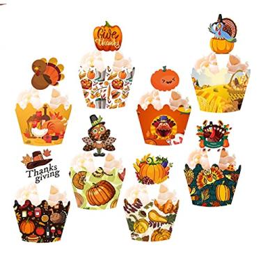 Imagem de Kit de 48 peças de enfeite de cupcake de ação de graças para decoração de bolo de outono de abóbora para decoração de bolo de outono no dia da colheita (8 estilos)