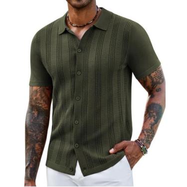 Imagem de Camisa polo de malha COOFANDY vintage de manga curta para homens verde