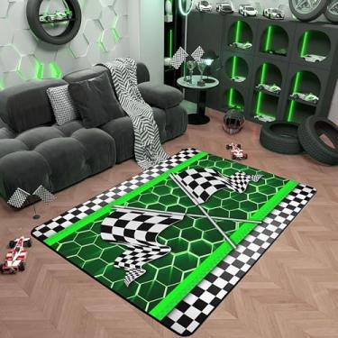 Imagem de Tapete de área com bandeira de carro de corrida 1,2 x 1,80 m, luzes néon verdes, favo de mel, para decoração de cabeceira, sala de estar, quintal, sofá, preto, branco, bandeira 3D, quadriculada, para