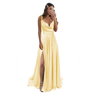Imagem de Vestido de dama de honra Monvelli amarelo acetinado longo com fenda ta