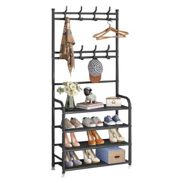 Imagem de Cabide e sapateira de entrada, árvore de corredor, banco de sapato, sapateira de 5 camadas com 10 ganchos removíveis, organizador de entrada, corredor e dormitório