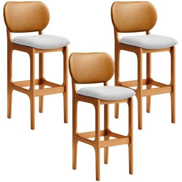 Imagem de Kit 3 Banquetas Alta Bar Cozinha Jantar Betta L02 Imbuia Couríssimo Whisky Linho Cinza - Lyam Decor