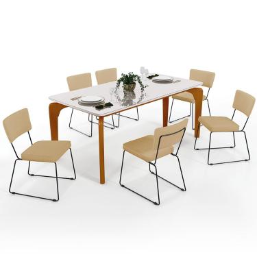 Imagem de Mesa De Jantar Capri 160cm Off White Nature Com 6 Cadeiras Allana B05 Linho Bege Escuro - Lyam Decor