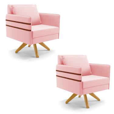 Imagem de Kit 02 Poltronas Giratória Mari Suede Rosa Bebê Base de Madeira MA30 - D'Rossi