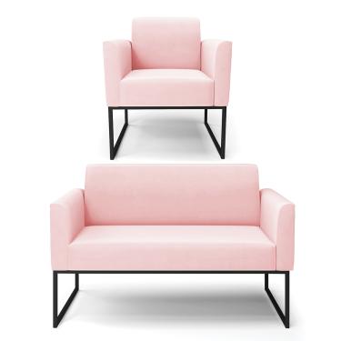 Imagem de Sofá Namoradeira com Poltrona Base Industrial Preto Marisa Suede Rosa Bebê