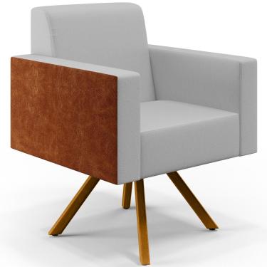 Imagem de Poltrona Decorativa Base Giratória de Madeira Helô L02 Linho Cinza Couríssimo Camel - Lyam Decor