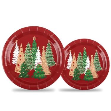 Imagem de AllReal 48 peças de pratos de papel de árvore de Natal, pinheiros, prato descartável de festa, Natal, 22,8 cm e 17,8 cm, jantar, sobremesa, utensílios de jantar para decoração de mesa