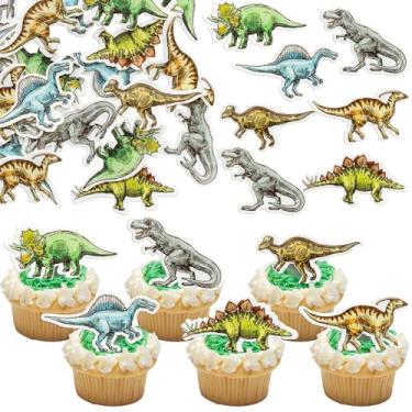 Imagem de Ephlyn 48Pcs Edible Dinosaur Cupcake Toppers Wafer Paper Roar Dinosaur Cupcake Picks Dino Cake Decorations for Kids Boys Dinosaur Theme Birthday Baby Shower Party Decorations