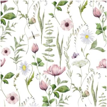 Imagem de HELLKIT Papel de parede floral para contato com folhas boho papel de parede autoadesivo removível 44 cm x 200 cm papel de parede floral aquarela para quarto banheiro decoração de arte papel de parede