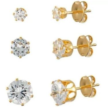 Imagem de Trio de Brincos Ponto de Luz com Zircônia, Banhado em Ouro 18k, 3 Pares, Estilo Clássico, Acabamento Polido, para Uso Casual