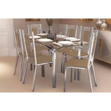 Imagem de Kit 6 Cadeiras Sala Jantar Elba C- Tampo De Vidro 80x150cm E 6 Cadeiras Florença Cromada - Corano Capuccino - Kappesberg