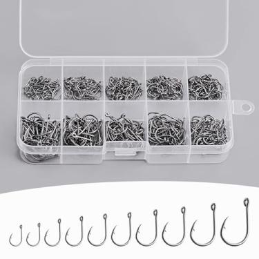 Imagem de 300 ganchos de pesca de 10 tamanhos com caixa de plástico portátil, anzol afiado forte de aço carbono com farpas para água do mar e água doce, peixe-gato, truta, robalo, polvo, presente de pesca para