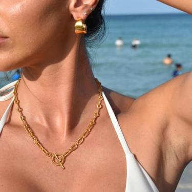 Imagem de Colar feminino banhado a ouro/prata 14 quilates, colar gargantilha com pingente de corrente de cruz de pérola, joias elegantes delicadas | Uso diário | Presente de festa, Standard, Latão, Sem Pedra