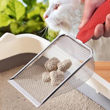 Imagem de Pá de areia profissional para gatos - Pá de areia de malha de aço inoxidável - Pá peneiradora de cabo longo com aderência antiderrapante - durável e resistente à ferrugem para fácil remoção de