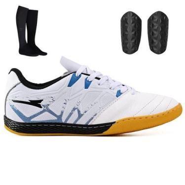 Imagem de Kit Chuteira Indoor Futsal + Meião e Caneleira Adulta - Light, Branco,