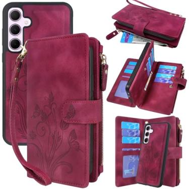 Imagem de Lacass Capa carteira para Samsung Galaxy A35 5G, [12 compartimentos para cartão] Carteira de couro removível com zíper e cordão de pulso (vermelho vinho floral)