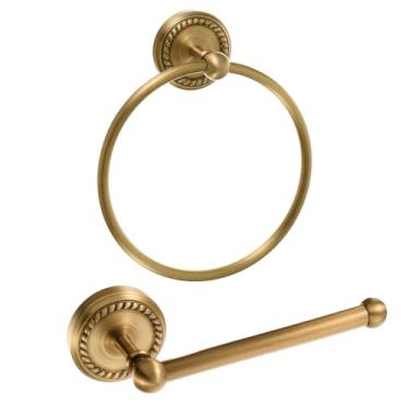 Imagem de Otoolling 2 peças de suporte de papel higiênico de latão antigo, anel de toalha de latão, acessórios de banheiro esculpidos com padrão requintado, suporte de rolo de papel higiênico dourado vintage e