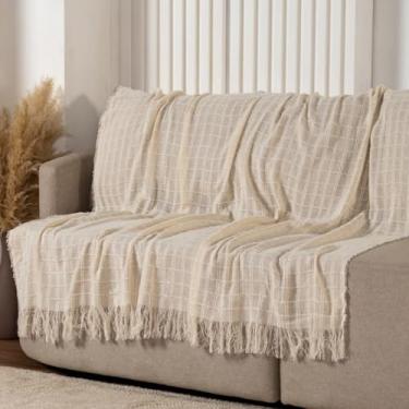 Imagem de Manta Decorativa para Sofá Natalina - 100% Algodão Artesanal com Franjas para Decoração de Natal(MARFIM,MANTA P 1,70 X 1,40)
