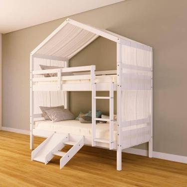 Imagem de Beliche Solteiro Casinha com Cortina Kit Escada/Escorregador Madeira Maciça Branco Megamobilia