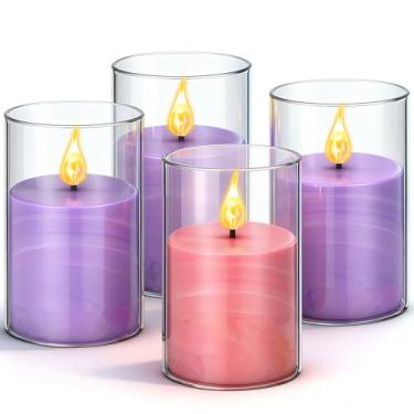 Imagem de BBTO 4 velas do advento sem chamas LED afuniladas 3 velas roxas e 1 rosa cintilantes de velas falsas operadas por bateria para decoração de igreja de guirlanda católica de Natal (10 cm, coluna rústica