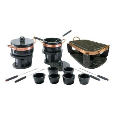 Imagem de Kit fondue pedra sabão completo 18 pçs com churrasqueira oval 31 cm - 