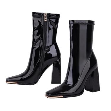 Imagem de Reitoye Botas femininas de cano médio confortável bico quadrado fechado bota de salto alto com zíper botas curtas no tornozelo, Preto - grosso, 6