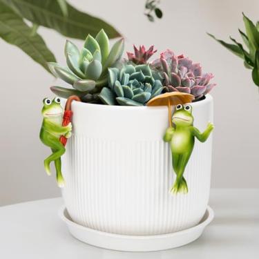 Imagem de Vasos de cerâmica para plantas, vasos de flores cilíndricos modernos de 16,5 cm com orifício de drenagem | Plantador de suculentas e cactos interno/externo, vem com duas decorações de sapo (branco