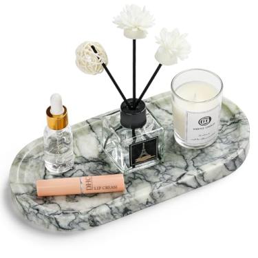 Imagem de Bandeja de banheiro de mármore natural – Bandeja de perfume Moujings genuína para decoração de casa, bandeja de mármore para banheiro organizador de bancada, lenços, velas, café, chave
