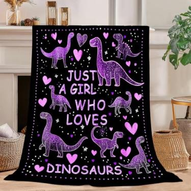 Imagem de Cobertor de dinossauro presente para meninas e mulheres de pelúcia - Just A Girl Who Loves Dinosaurs Super Soft Plush Flanela Fleece roupa de cama para sofá, cama decoração de quarto 101 x 127 cm