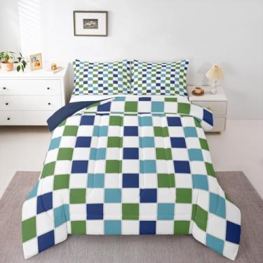 Imagem de Erosebridal Jogo de cama solteiro xadrez azul e verde marinho, azul-petróleo, branco, quadriculado, edredom geométrico, buffalo, guingão, para crianças, meninos, adolescentes, edredom moderno