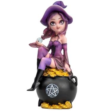 Imagem de Estatueta de fada bruxa roxa sentada em uma lata de dinheiro - segurando uma bola de cristal mágica decoração de casa decoração de Halloween/Natal colecionáveis temáticos mágicos presentes misteriosos