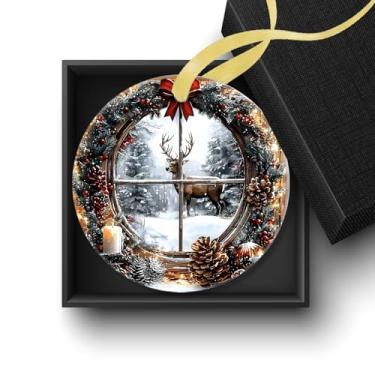 Imagem de Welshower Ornamentos de Natal de rena de inverno de fazenda, decoração de natal de rena, guirlanda de pinheiro de inverno rústica ornamentos decorativos de cerâmica para pendurar