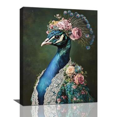 Imagem de Olivine Arte de parede de pavão, decoração de parede vintage de pavão, pintura de pássaro retrô, impressões em tela de pavões de flores, arte emoldurada para banheiro, quarto, sala de estar