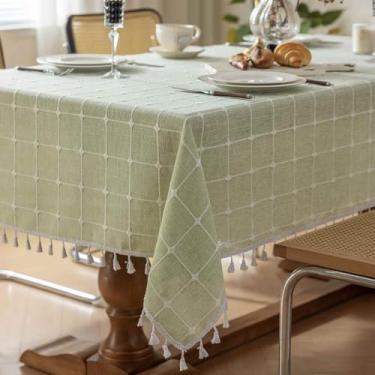 Imagem de Toalha de mesa quadrada boho grade com borlas, capa de mesa verde bordada, capa de linho pesada, xadrez de casa de fazenda, resistente à água, piquenique, cozinha interna, verde sálvia, 139 x 139 cm