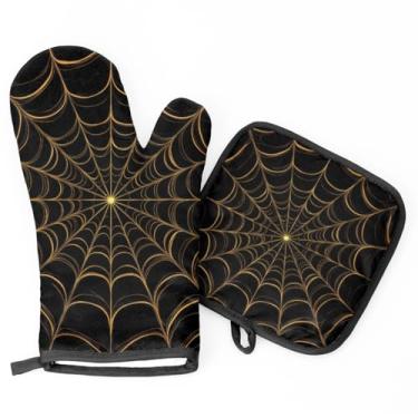Imagem de Luvas de forno antiderrapantes para cozinha, luvas de forno resistentes ao calor e conjuntos de suportes de panela para cozinhar, churrasco, assar cozinha, decoração de teia