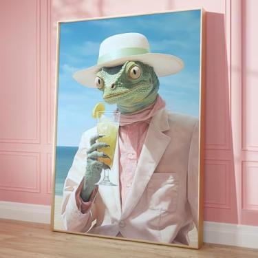 Imagem de Lizard Canvas Pink Animal Picture Trendy Cocktail Canvas Wall Art Summer Beach Artwork Abstract Animal Paintings Retrato Impressão de Animais Engraçados Cartaz Chapéu Arte de Parede Céu Azul Sala de