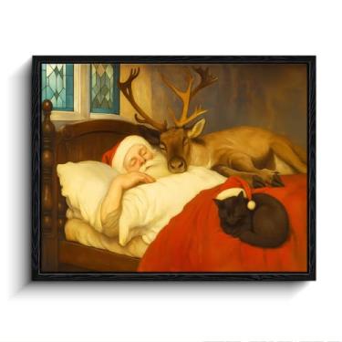 Imagem de Arte de parede de Papai Noel dormindo com rena e gato preto, impressões de arte de Natal vintage, decoração de parede para quarto e sala de estar, pronto para pendurar 25 x 20 cm emoldurado
