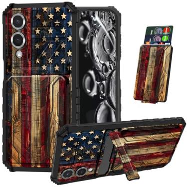 Imagem de ACWDMKH Capa para S25 Edge, capa para Samsung Galaxy S25 Edge com protetor de tela, suporte e porta-cartões, capa protetora híbrida resistente à prova de choque, bandeira americana de madeira