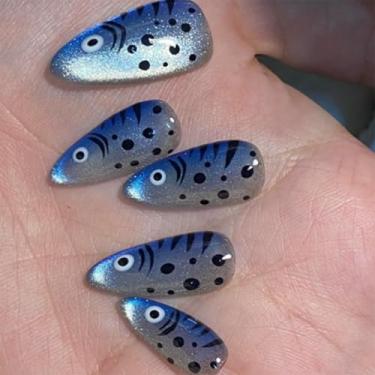 Imagem de Unhas postiças curtas e médias com olho de gato de amêndoa simples de peixe potdot Desien cobertura completa cola acrílica falsa em unha para mulheres, 24 peças