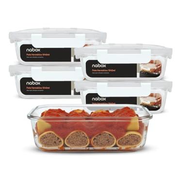 Imagem de Conjunto 5 Pote Vidro Hermético Trava Premium 1040ml Marmita (Branco)