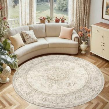 Imagem de Tapete lavável de fazenda para sala de estar: Tapetes de área de círculo Boho de 1,5 m para quarto macios antiderrapantes - Tapete fino resistente a manchas para sala de jantar interna - bege creme