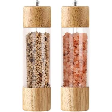 Imagem de Moedores de sal e pimenteira, moedores de sal e pimenta de madeira, saleiro e pimenteiro com janela de acrílico visível, núcleo de moagem de cerâmica