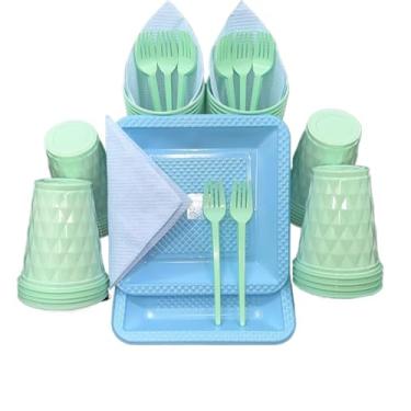 Imagem de Kit Festa Aniversario 180 Itens Candy Descartavel Diamante Premium C/Pratos Copos Garfinho Cor Pastel Azul Rosa Amarelo (Verde Azul Candy)
