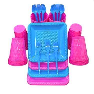 Imagem de Kit 260 Itens Descartaveis Festa Aniversário Prato Quadrado Diamante Plástico Colorido Perolado Candy Pastel (Pink Azul Bebe)