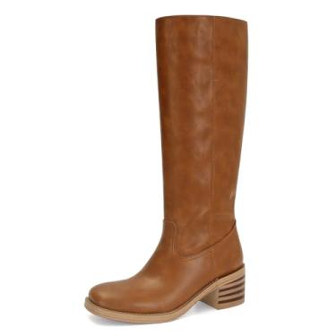 Imagem de DOEYG Botas femininas de cano alto banana bico quadrado salto grosso botas altas panturrilha larga moda confortável casual pull on botas longas, Marrom-escuro, 7 UK