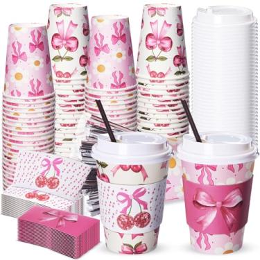 Imagem de Lallisa Conjunto de 50 xícaras de café com laço rosa, descartáveis, copos de papel de 340 g com tampas, canudos e mangas para festa, bebidas quentes e frias, Natal, casamento, despedida de solteira