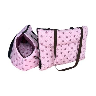 Imagem de Kit Pet 2 em 1 Bolsa de Transporte e Cama com Colchonete Portátil Impermeável, Tricoline e Microfibra, para Animais até 10kg (Realeza Rosa)