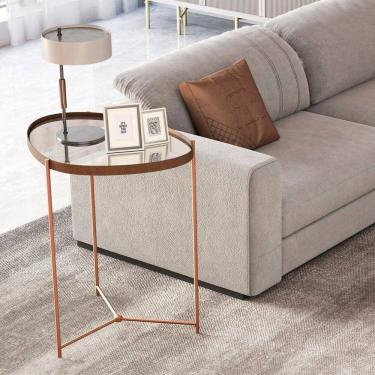 Imagem de Mesa Lateral com Borda em Couro Sintético com Espelho e Pés em Ferro Castanho/bronze