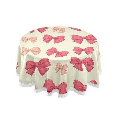 Imagem de SEHANY Toalha de mesa redonda com laço rosa de 152 cm, tecido lavável sem rugas, toalha de mesa decorativa de renda para restaurante, casamento, acampamento, festa de cinco de maio