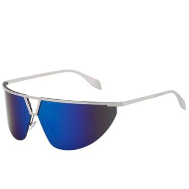 Imagem de JRLLFD Óculos de sol femininos de metal com ponte dupla, luxuosos, punk, vazados, para dirigir, masculino, feminino, UV400 (prata, azul)